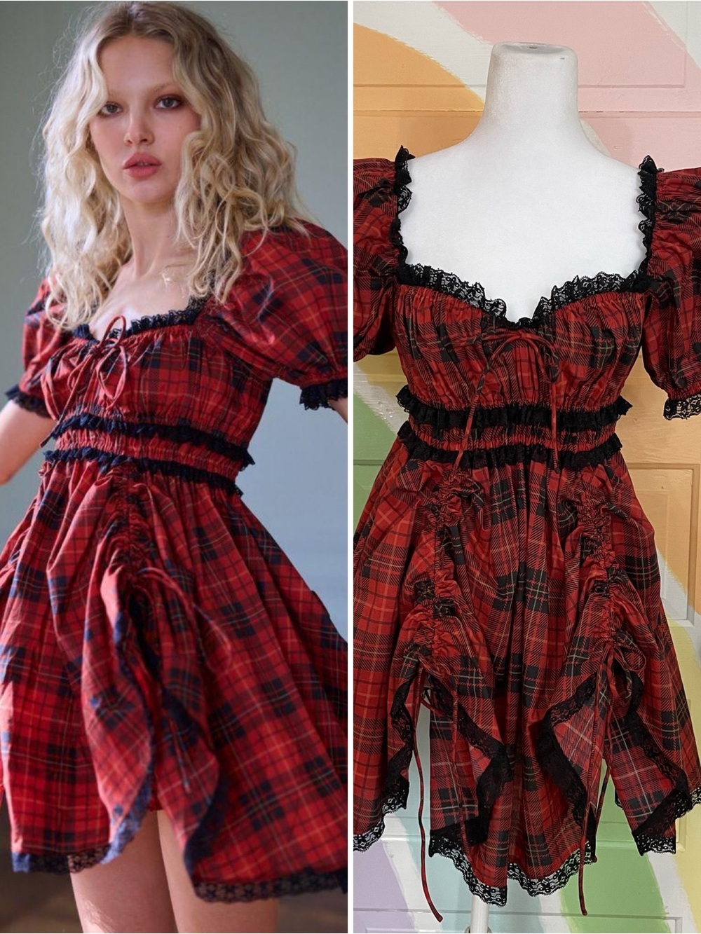 Selkie Sweet Nothings Royal Tartan Mini Dress Plaid Lace Trim Sz XXS 🧡🎀